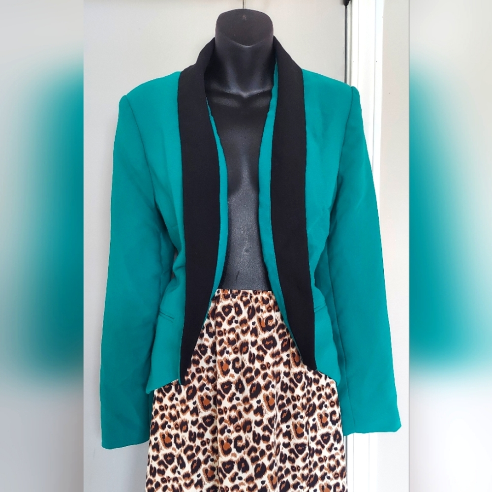 International Concepts Teal and Black Color Block Blazer